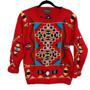 Lumy Vintage Hand Knit Cotton Sweater, Medium, Red w‎ Southwest Design Pullover